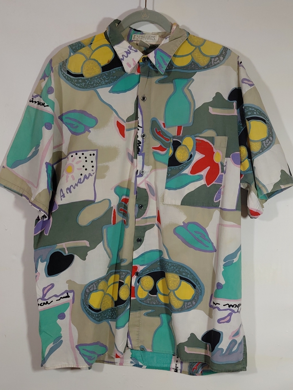 Vintage 90's Expressions Abstract Floral Button-Up Short Sleeve Cotton Shirt XL